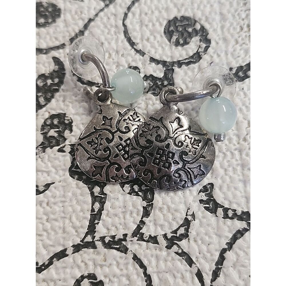 Premier Designs Silver Filigree Drop Earrings with Pale Mint Beads